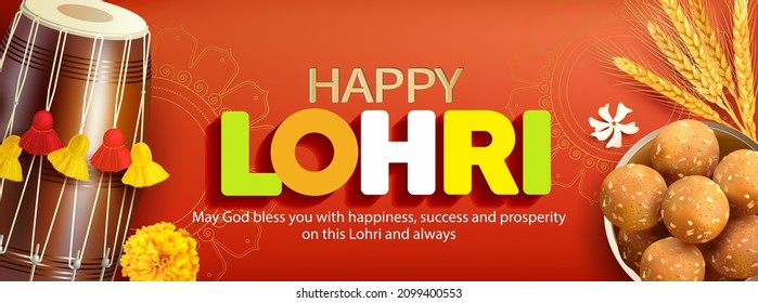 Greeting banner with traditional sweets laddu and dhol (drum) for Punjabi harvest festival Lohri (Pongal, Makar Sankranti). Vector illustration.