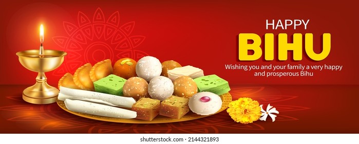 Greeting banner with traditional sweets: ladoo, gujiya, barfi.and pitha (naricol, koat, ghila, til) for North Indian Assamese New Year (and harvest) festival Rongali Bihu. Vector illustration.