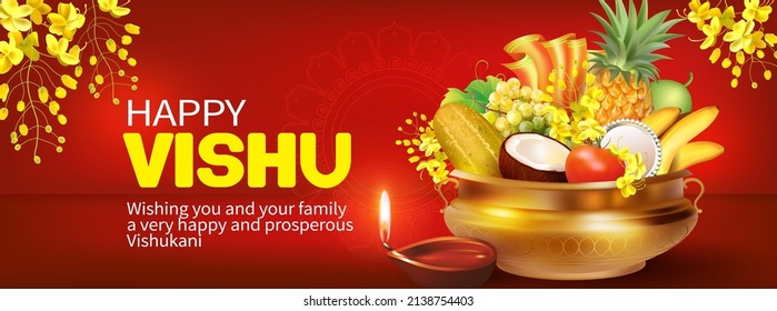 Greeting banner with traditional vessel uruli and konna flowers (cassia fistula) for South Indian New Year festival Vishu (Vishukani). Vector illustration.