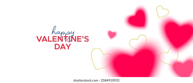 Greeting banner for Valentine's Day with red and golden hearts on a white background.