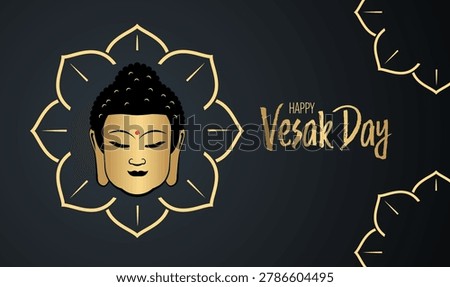 Greeting banner for Vesak Day featuring a serene, golden Buddha face with a red bindi, framed by a delicate golden line art lotus flower