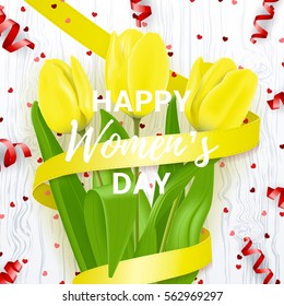 Greeting banner for Women's Day. Beautiful background with yellow tulip and satin ribbon. Vector illustration with serpentine and confetti on wooden texture.