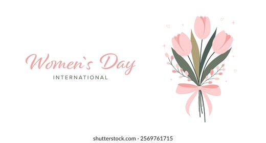 Greeting banner for women's day with bouquet of pink tulips. Spring flowers. Flat vector illustration.