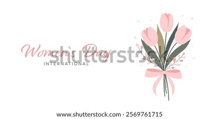 Greeting banner for women's day with bouquet of pink tulips. Spring flowers. Flat vector illustration.