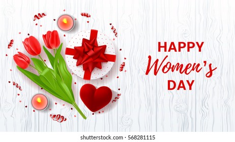Greeting banner for Women's Day. Top view on composition with red flowers, gift box, case for ring, candles and confetti. Vector illustration with serpentine on wooden texture.