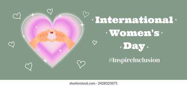 Greeting banner in y2k aesthetics for International Women's Day. Background with the slogan InspireInclusion, where two hands make a heart shape. IWD 2024 campaign. Vector illustration.