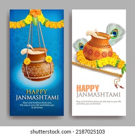 Greeting banners with dahi handi (pot with cream) and bansuri (flute) for Hindu festival Krishna Janmashtami (birth of Lord Krishna). Vector set.