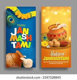 Greeting banners with dahi handi (pot with cream), oil lamp (diya) and sweets laddu for Hindu festival Krishna Janmashtami (birth of Lord Krishna). Vector set.