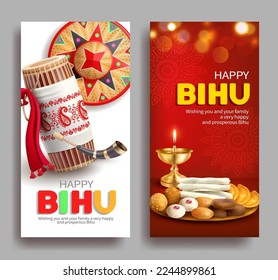 Greeting banners with drum (dhol, onoinya) decorated with gamosa, japi (hat) and sweets (laddu, pitha) for North Indian Assamese New Year (and harvest) festival Rongali (Bohag, Magh) Bihu. Vector.