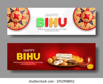 Greeting banners with japi (bamboo hat) and traditional sweets: ladoo and pitha (naricol, xutuli, koat, ghila, til) for North Indian Assamese New Year (and harvest) festival Rongali Bihu. Vector set.