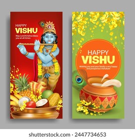 Bannières de voeux avec Krishna Murti, le bateau traditionnel uruli, dahi handi (pot à la crème) et fleurs de konna pour le festival de l'Nouvelle année sud-indienne Vishu (Vishukani).  Image vectorielle.