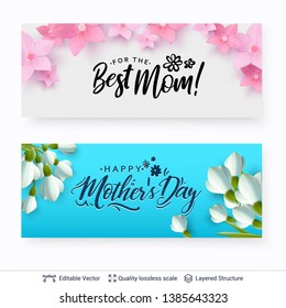 Greeting banners for Mother's Day vector template. Holiday background with text and flowers.