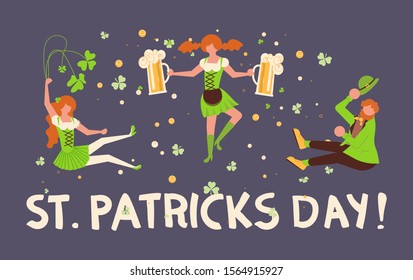 Greeting banners of Saint Patrick's Day. Cute cartoon leprechauns holding mugs of beer dancing. Flat Art Vector illustration