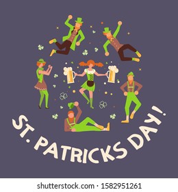 Greeting banners of Saint Patrick's Day. Cute cartoon leprechauns holding mugs of beer dancing. Flat Art Vector illustration