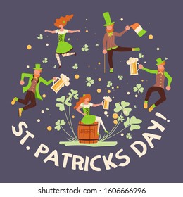 Greeting banners of Saint Patrick's Day. Cute cartoon leprechauns holding mugs of beer dancing. Flat Art Vector illustration