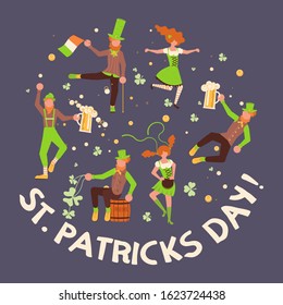 Greeting banners of Saint Patrick's Day. Cute cartoon leprechauns holding mugs of beer dancing. Flat Art Vector illustration