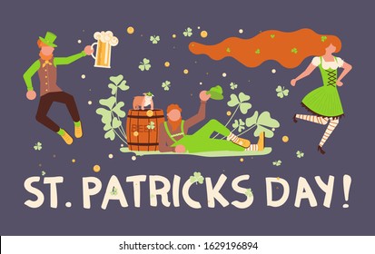 Greeting banners of Saint Patrick's Day. Cute cartoon leprechauns holding mugs of beer dancing. Flat Art Vector Illustration