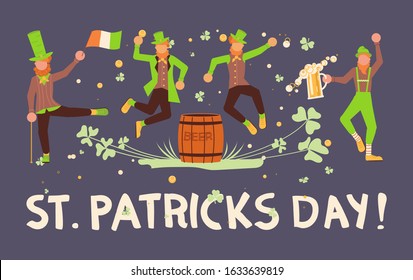 Greeting banners of Saint Patrick's Day. Cute cartoon leprechauns holding mugs of beer dancing. Flat Art Vector illustration