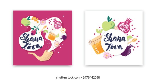 Greeting banners with symbols of Jewish holiday Rosh Hashana: Honey and apple, pomegranate. "Shana Tova" in Hebrew means Happy and sweet New Year. Vector illustration with hand-drawn text.