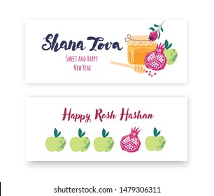 Greeting banners with symbols of Jewish holiday Rosh Hashana, New Year. Shana Tova - Blessing of Happy and sweet new year. Vector illustration design with hand-drawn lettering.