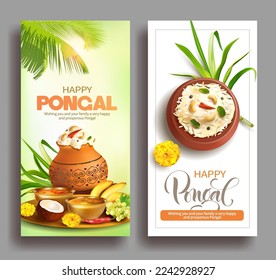 Greeting banners with traditional food and clay pot with rice (ven pongal) for Indian harvest festival Pongal (Makar Sankranti). Vector set.