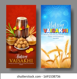 Greeting banners with traditional food, dhol and wheat ears for Punjabi festival Vaisakhi (Baisakhi). Vector set.