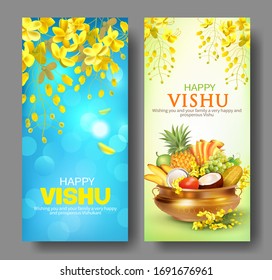 Greeting banners with traditional pot (uruli) with fruits, mirror, textile and konna flowers (cassia fistula) - attribute for South Indian New Year festival Vishu (Vishukani). Vector set.