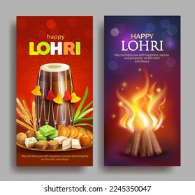 Carteles de bienvenida con dulces tradicionales, dhol (tambor) y hoguera para el festival de cosecha Punjabi Lohri (Pongal, Makar Sankranti). Ilustración vectorial.