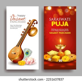 Greeting banners with veena and puja thali for Indian festival Vasant Pancami (Saraswati Jayanti) dedicated to Devi Saraswati
(goddess of art, knowledge and wisdom. Vector set.
