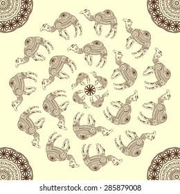 Greeting Beautiful card with camel. Frame of animal made in vector. Perfect cards, or for any other kind of design, birthday and other holiday. Seamless hand drawn map with camel desert.