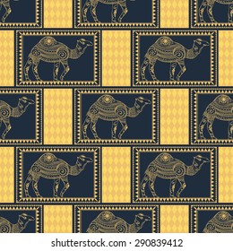Greeting Beautiful card with camel. Frame of animal made in vector. Perfect cards, or for any other kind of design, birthday and other holiday. Seamless hand drawn map with camel desert.