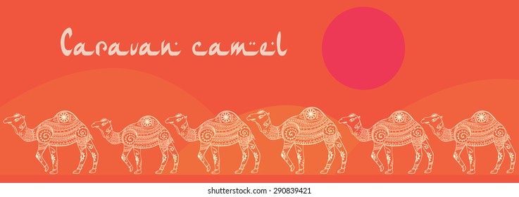 Greeting Beautiful card with camel. Frame of animal made in vector. Perfect cards, or for any other kind of design, birthday and other holiday. Seamless hand drawn map with camel desert.
