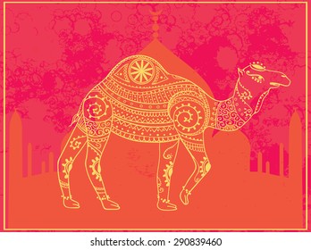 Greeting Beautiful card with camel. Frame of animal made in vector. Perfect cards, or for any other kind of design, birthday and other holiday. Seamless hand drawn map with camel desert.