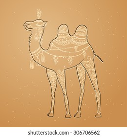 Greeting Beautiful card with camel. Frame of animal made in vector. Perfect cards, or for any other kind of design, birthday and other holiday. Seamless hand drawn map with camel desert.