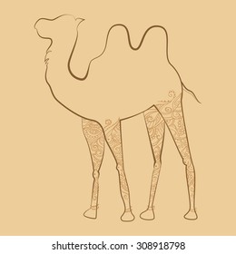 Greeting Beautiful card with camel. Frame of animal made in vector. Perfect cards, or for any other kind of design, birthday and other holiday. Seamless hand drawn map with camel desert.