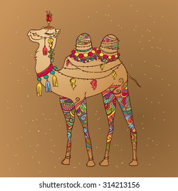 Greeting Beautiful card with camel. Frame of animal made in vector. Perfect cards, or for any other kind of design, birthday and other holiday. Seamless hand drawn map with camel desert.