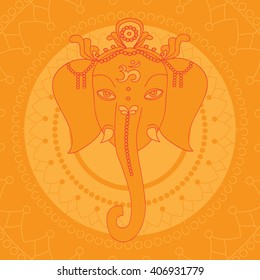Greeting Beautiful card with Elephant.  Design elements for birthday and other holiday.  Hinduism God Ganesha with mandala. Line art indian religion vector