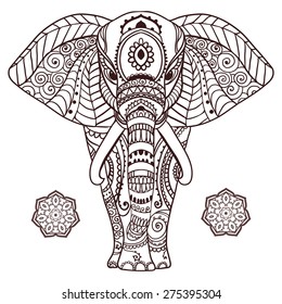 Greeting Beautiful card with Elephant. Frame of peacock made in vector. Perfect cards, or for any other kind of design, birthday and other holiday.Seamless hand drawn map with Elephant.