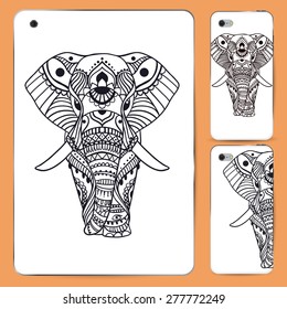 Greeting Beautiful card with Elephant. Frame of peacock made in vector. Perfect cards, or for any other kind of design, birthday and other holiday.Seamless hand drawn map with Elephant.