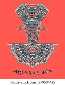 Greeting Beautiful card with Elephant. Frame of peacock made in vector. Perfect cards, or for any other kind of design, birthday and other holiday.Seamless hand drawn map with Elephant.