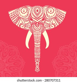 Greeting Beautiful card with Elephant. Frame of peacock made in vector. Perfect cards, or for any other kind of design, birthday and other holiday.Seamless hand drawn map with Elephant.