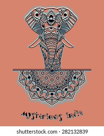 Greeting Beautiful card with Elephant. Frame of peacock made in vector. Perfect cards, or for any other kind of design, birthday and other holiday.Seamless hand drawn map with Elephant.