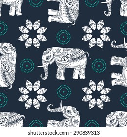 Greeting Beautiful card with Elephant. Frame of animal made in vector. Perfect cards, or for any other kind of design, birthday and other holiday.Seamless hand drawn map with Elephant.