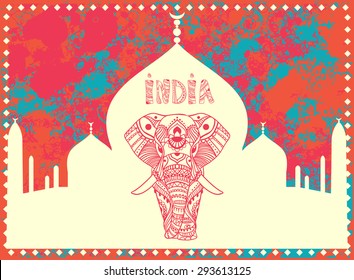 Greeting Beautiful card with Elephant. Frame of animal made in vector. Perfect cards, or for any other kind of design, birthday and other holiday.Seamless hand drawn map with Elephant.