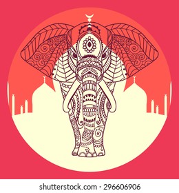 Greeting Beautiful card with Elephant. Frame of animal made in vector. Perfect cards, or for any other kind of design, birthday and other holiday.Seamless hand drawn map with Elephant.