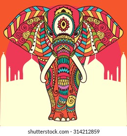 Greeting Beautiful card with Elephant. Frame of animal made in vector. Perfect cards, or for any other kind of design, birthday and other holiday.Seamless hand drawn map with Elephant.
