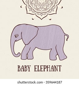 Greeting Beautiful card with Elephant. Frame of animal made in vector. Elephant Illustration for design, pattern, textiles. Hand drawn map with Elephant.