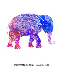 Greeting Beautiful card with Elephant. Frame of animal made in vector. Hippie Style. Elephant Illustration for design, pattern, textiles. Hand drawn map with 