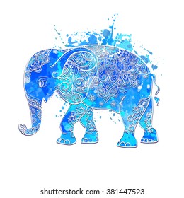 Greeting Beautiful card with Elephant. Frame of animal made in vector. Elephant Illustration for design, pattern, textiles. Hand drawn map with Elephant. Watercolor blue, bright magical baby elephant