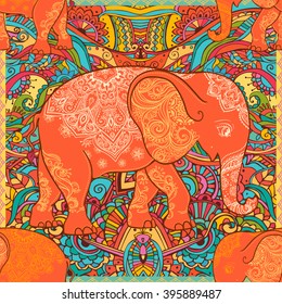 Greeting Beautiful card with Elephant. Elephant Illustration for design, pattern, textiles. Hand drawn map with Elephant. Use for children's clothes, pajamas, web sites pattern extile print texture